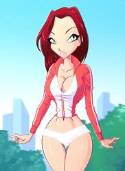 1girls anya_(winx_club) belly breasts cleavage eyeliner eyeshadow fan_character female front_zipper hourglass_figure human jacket large_breasts lipstick long_hair makeup navel panties rainbow_(animation_studio) red_hair solo teenager thin_waist unzipped voluptuous winx_club zfive zipper