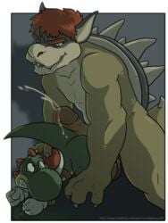 2008 anthro ass bara biceps big_muscles big_penis bowser buttjob claws clothing cum cumshot dinosaur duo erection from_behind gloves hair horn humanoid_penis interspecies koopa looking_back male male_only mario_(series) muscles nintendo nude orgasm pecs penis plain_background reptile saddle scalie sex shell size_difference smile spikes teeth thick_penis turtle uncut voondahbayosh yaoi yoshi