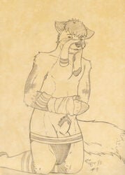 1boy blush canine clothing fox jockstrap kneeling legwear male male_only mammal musk roo_boy sheath sketch socks solo underwear