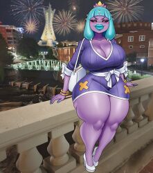 big_breasts big_thighs black_sclera blue_hair bridge cityscape cleavage dress fireworks game_freak heels luminose_city mareanie maria_calaveras new_year nintendo pokemon prism_tower purple_skin purse tentacle_hair yellow_eyes