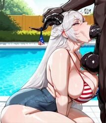 aegir_(azur_lane) ai_generated american_flag_bikini ass ass_focus ass_grab azur_lane big_ass big_breasts blowjob blowjob_face blush curvy curvy_figure dark-skinned_male deepthroat grabbing_head hips horn_grab horns hotpants interracial interracial_sex kneeling naked on_knees pool poolside small_waist sucking sucking_penis wide_hips