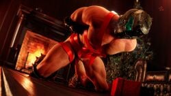 3d abs balls boots doom doom_slayer_(doom) erection fireplace hands_behind_back helmet helmet_with_visor interior looking_at_viewer low-angle_view male male_only masculine muscular muscular_male nipples pectorals penis ribbon ribbon_bondage solo solo_focus solo_male tauntilock tied tied_hands
