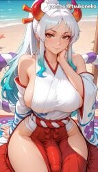 1boy 1futa 2026 ai_assisted ai_generated anime artist_name bare_shoulders beach breasts brown_eyes bust explicit futanari hakama hakama_skirt hi_res high_quality high_resolution highres horns japanese_clothes looking_at_viewer multicolored_hair one_piece patreon patreon_username penis sand shell shore smile stable_diffusion swimsuit tsukoneko water watermark yamato yamato_(one_piece)