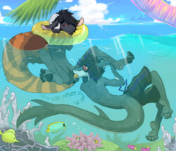 anthro balls bit-bite blush caprine clothing duo erection eyewear fellatio fish goat goggles grin hair humanoid_penis hybrid inner_tube kilano male mammal marine nude ocean oral partially_submerged partially_underwater_shot penis piercing pubes red_panda sea sex shark spread_legs spreading submerged swimming swimsuit thumbscake_(fursona) underwater water yaoi