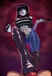 1boy 1girls 2025 2d ai_generated black_eyeshadow black_hair black_nails blue_eyes boot_fetish boots clothed_female_nude_male erection female femdom foreshortening gluteal_fold goth gradient_background hi_res high_heel_boots high_heels hime_cut huge_breasts kuro_(hero's_journey) leotard long_hair looking_at_viewer nyxpixieai pale_skin pantyhose parted_lips penis riding_crop starry_sky stepped_on straight_hair striped_clothing thigh_boots under_the_witch