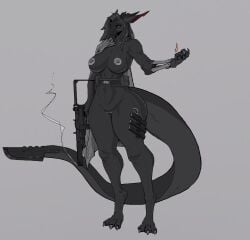 2023 ambiguous_species anthro belt big_breasts blade breasts cloak clothing curvy_figure digital_media_(artwork) elemental_manipulation female fingers fire fire_manipulation gun hi_res long_hair machine monster nipples nude orinvega pouch_(clothing) ranged_weapon red_eyes robot solo tail tail_blade thick_thighs utility_belt weapon weapon_tail wide_hips
