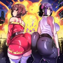 2girls ai_generated ass ass_focus bandaged_leg bandages bare_shoulders belt big_ass big_breasts black_choker blush breasts brown_hair chainsaw_man choker crossover duo explosion female female_only from_behind green_eyes huge_ass ishimo kono_subarashii_sekai_ni_shukufuku_wo! light-skinned_female looking_at_viewer looking_back megumin multiple_girls red_eyes reze_(chainsaw_man) short_hair thick_thighs thighhighs thighs