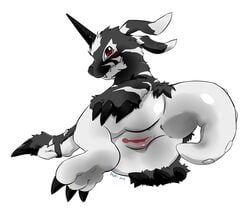 blackgabumon blush claws digimon female fur_coat hatii horn pussy solo