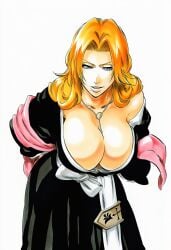 1girls accurate_art_style accurate_body_type ai_generated badge bent_over between_breasts big_breasts black_kimono bleach blue_eyes breasts busty cel_shading chain_necklace cleavage clothed clothing curvaceous curvy downblouse female female_focus female_only grin haori high_resolution highres huge_breasts japanese_clothes jewelry kimono large_breasts large_filesize leaning_forward light-skinned_female light_skin line_art long_hair looking_at_viewer manga_style matsumoto_rangiku mole mole_under_mouth necklace no_bra off_shoulder orange_hair pink_scarf sash scarf shawl shihakusho shiny_hair shiny_skin simple_background smile solo solo_female solo_focus tabi teasing tite_kubo_style traditional_clothes voluptuous voluptuous_female wafuku warm_colors wavy_hair white_background ㅇㅇ