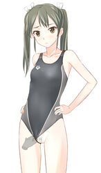 black_hair blush competition_swimsuit disembodied_hands female hair_ribbon hands_on_hips kantai_collection long_hair one-piece_swimsuit pubic_hair pussy ribbon simple_background solo sweatdrop swimsuit swimsuit_aside takafumi tied_hair twintails uncensored white_background yellow_eyes zuikaku_(kantai_collection)