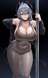 ai_art ai_generated bangs black_choker black_horns black_jacket breast_focus choker cleavage curvy dark_lighting dark_skin demon_girl demon_horns demon_tail female female_only glossy_latex glowing_eyes grey_hair grey_skin hourglass_figure huge_breasts indoors large_breasts latex latex_dress midjourney neon_lighting nipples_visible_through_clothing novelai off_shoulder open_jacket pole pole_dancing prehensile_tail red_eyes sheer_dress skin_tight slit_pupils smirk solo stable_diffusion strip_club stripper succubus teasing_smile thick_thighs transparent transparent_clothes very_long_hair voluptuous wide_hips wuthering_waves zani_(wuthering_waves)