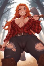ai_generated axe belt female_only forest freckles ginger infinite_ai large_breasts long_hair looking_down lumberjack plaid_shirt solo sweat trees unbuttoned_shirt