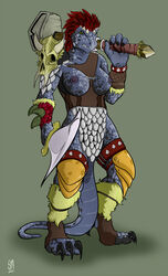 armor female full-length_portrait full_length hammer lizard melee_weapon portrait revealing_clothes scalie skull solo ssn_inc standing sword war_hammer warrior weapon