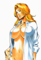 1girls accurate_art_style accurate_body_type ai_generated bare_torso belly_button between_breasts bleach blonde_hair blue_eyes bottomless breasts busty chain_necklace chains cleavage clothing collarbone collared_shirt convenient_censoring covered_nipples curvaceous curvy dress_shirt female female_focus female_only groin hand_on_hip hand_on_own_hip high_resolution highres hourglass_figure huge_breasts jewelry large_breasts large_filesize light-skinned_female light_skin lips long_hair long_sleeves looking_to_the_side manga_style matsumoto_rangiku midriff mole mole_under_mouth naked_shirt narrow_waist navel necklace no_bra no_panties open_clothes open_shirt orange_hair out-of-frame_censoring parted_lips shiny_hair shiny_skin shirt simple_background sleeves_pushed_up sleeves_rolled_up smile solo solo_focus standing stomach three-quarter_view tite_kubo_style unbuttoned upper_body voluptuous voluptuous_female white_background white_shirt wide_hips ㅇㅇ