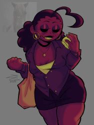 ahoge beauty_mark big_hips big_thighs black_choker black_eyes black_female cleavage clothed eddsworld fat_female hoop_earrings low_ponytail meme_in_the_background older_female original_art original_artwork original_character plastic_bag skirt wrinkles zcene_gutz