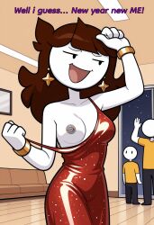8c23 ai_generated asexual black_eyes bracelet brown_hair dress earrings exposed_breasts gold_bracelet gold_earrings gold_piercing grey_nipples half_closed_eyes jaiden jaiden_animations new_year new_year_2026 nipple_piercing no_bra open_mouth piercing red_dress showing_breast showing_breasts slutty_female solo solo_female sparkles sparkling_dress speech text