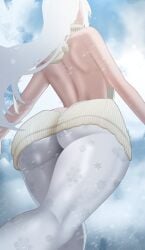 absurdres ass backless_outfit blue_sky breasts cloud commentary english_commentary facing_away female grey_hair grey_sweater highres indie_virtual_youtuber large_breasts long_hair n4hkz outdoors pantyhose sideboob sky snow_print sweater virgin_killer_sweater virtual_youtuber zentreya zentreya_(cyborg) zentreya_(jolly_zen)
