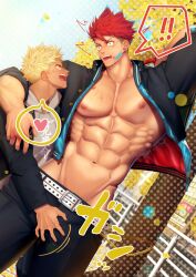 !! 2boys abs arms_up autumn bandaid bandaid_on_cheek bandaid_on_face bare_breasts beefy belt big_areola big_hands blonde_hair blood_on_chest blood_on_face blood_stain blue_hair blush breasts chains delinquent duo dutch_angle ear_piercing fence gakuran gay ginkgo_leaf grabbing hand_on_crotch hand_on_stomach heart_symbol hi_res hoodie hunk jacket male male/male male_only manly mature_male meisho_hanten morning multicolored_hair muscles muscular muscular_male navel no_visible_genitalia open_clothes orange_eyes original original_character outdoors pecs piercing red_hair sanpaku school_uniform shocked short_hair six_pack small_pupils standing street teeth_showing tough_guy tree two-tone_hair very_high_resolution yaoi