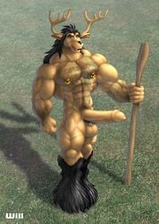 1boy abs anthro antlers balls ballsack black_hair body_hair braford cervine deer ear_piercing earrings erection foreskin green_eyes humanoid_penis intact long_foreskin long_hair_male male male_nipples male_only male_pubic_hair mammal manly masculine mature_male muscles muscular_male nipple_piercing nipple_rings nude_male pecs penis scrotum solo testicles uncut unretracted_foreskin veiny_penis