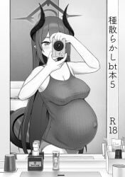 bathroom big_breasts blue_archive camera chiaki_(blue_archive) cleavage clothing female female_only horns long_hair maternity_clothes mirror mirror_selfie monochrome nipple_bulge no_bra outie_navel panties pointy_ears pregnant selfie solo taji_(crowview) tank_top