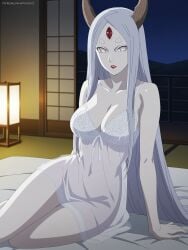 1girls 3_eyes ai_generated alien_girl artkoikoi babydoll bed big_breasts bra breasts byakugan curvaceous curvy curvy_figure detailed female female_only goddess hand_on_hip hand_on_thigh hi_res horns invitation inviting inviting_to_sex koikoi large_breasts lavender_eyes laying_on_bed lingerie lipstick long_hair looking_at_viewer makeup mature mature_female milf multi_eye nail_polish naruto naruto_(series) naruto_shippuden navel on_bed otsutsuki_kaguya panties rinne_sharingan smile solo solo_focus spread_legs thick_thighs topless underwear unusual_anatomy unusual_eyes unusual_pupils very_long_hair white_hair white_skin