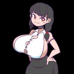 1girls animated black_hair bouncing_breasts breasts cleavage clothing coins curvy detached_head dullahan female female_only gif highres large_breasts long_hair looking_at_viewer minus8 money original original_character red_eyes shiny shiny_skin solo standing thick_thighs thighhighs thighs transparent_background white_pupils