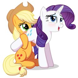 2015 applejack_(mlp) blonde_hair blue_eyes blush cowboy_hat cutie_mark duo earth_pony equine eyeshadow female feral freckles friendship_is_magic green_eyes hair hat horn horse long_hair makeup mammal my_little_pony open_mouth oral pony purple_hair rarity_(mlp) sex simple_background spectre_z unicorn white_background yuri