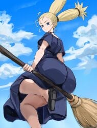 1girls ass blonde_hair blue_eyes broom_riding broomstick flying huge_ass jujutsu_kaisen momo_nishimiya nishimiya_momo pigtails rakeemspoon shortstack tight_clothing