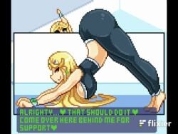 1boy 1girls angry ass ass_focus ass_to_crotch ass_up attempting_sabotage barefoot big_breasts blonde_hair blue_shirt bouncing_breasts bulge cleavage countmoxi devious_smile edit edited jack-o_pose leaving mythra mythra_(xenoblade) no_nut_november no_nut_sabotage no_sound pixel_art small_bulge smiling smirking stretching tagme tempting thick_thighs twerking video wide_hips xenoblade_(series) xenoblade_chronicles_(series) xenoblade_chronicles_2 yoga yoga_pants yoga_top