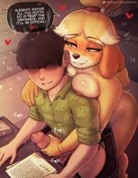 1boy 1boy1girl 1boy1girls 1boys1girls 1girls 1males 1man 2025 5_fingers accessory animal_crossing anthro aroused artist_name balls biped black_clothing black_hair blonde_hair blush bodily_fluids bottomless breasts canid canine canis chair clothed clothing comic dialogue digital_media_(artwork) domestic_dog duo english_text erection eyebrows eyelashes female fingers fur furniture furry genital_fluids genitals glans glistening glistening_breasts green_clothing green_eyes hair_accessory handjob heart heart_eyes heart_symbol hi_res human human_on_anthro humanoid_genitalia humanoid_penis inside interspecies interspecies_sex isabelle_(animal_crossing) male male/female mammal nintendo paper penile penis ponytail precum reach_around sex shih_tzu sitting smile tail text toy_dog underwear villager_(animal_crossing) whisperfoot woman yellow_body yellow_fur