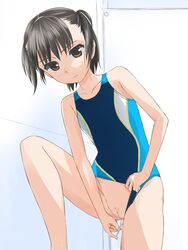 black_hair blush brown_eyes competition_swimsuit female legs object_insertion one-piece_swimsuit original penetration pubic_hair pussy short_hair solo swimsuit swimsuit_aside takafumi tampon uncensored vaginal_insertion vaginal_penetration