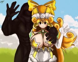 1girls artist_signature assumptionupper3279 blush breasts breasts_bigger_than_head clothed curled_hair female firm_breasts galaxy_gals gloves green_eyes groping groping_breasts holding_breast huge_breasts human interspecies interspecies_relationship kai_(battle_cats) large_breasts leotard light-skinned_female long_hair looking_at_viewer monster muscular muscular_male nude_male nyanko_daisensou oc orange_hair pasties photo self_insert smile squeezing_breast teenager the_battle_cats waving