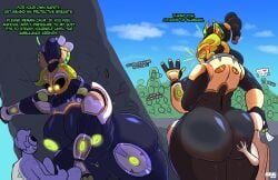 anthro ass azulejo big_breasts big_butt biped blizzard_entertainment breasts butt_grab clitoris crowd dialogue duo female genitals group hand_on_butt hi_res humanoid looking_down looking_down_at_another machine male male/female nipples orisa overwatch robot robot_humanoid size_difference thick_thighs vulva