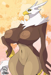 anthro avian big_breasts bird breasts eagle female gryphon huge_breasts lionalliance midriff navel nipples nude solo standing yellow_eyes