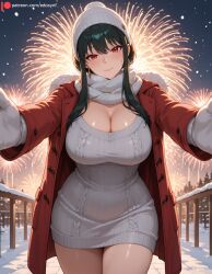 2026 ai ai_generated beanie big_breasts black_hair breasts cleavage closed_mouth coat earrings edosynf female female_focus female_only fireworks fur-trimmed_coat fur_trim gloves happy happy_new_year head_tilt highres huge_breasts jewelry large_breasts legs_together light_blush light_smile lips long_sleeves looking_at_viewer mature_female medium_hair mittens new_year new_year_2026 night night_sky outdoors outstretched_arms red_coat red_eyes scarf self_upload shiny shiny_hair shiny_skin sidelocks smile snow snowing solo solo_focus spread_arms spy_x_family sweater thick_thighs thighs white_gloves white_headwear white_mittens white_scarf white_sweater winter winter_clothes yor_briar yor_forger