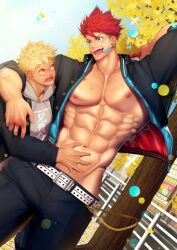 2boys abs arms_up autumn bandaid bandaid_on_cheek bandaid_on_face bare_breasts beefy belt big_areola big_hands blonde_hair blood_on_chest blood_on_face blood_stain blue_eyes blue_hair blush breasts chains delinquent duo dutch_angle ear_piercing fence gakuran gay ginkgo_leaf hand_on_stomach hi_res hoodie hunk jacket male male/male male_only manly mature_male meisho_hanten morning multicolored_hair muscles muscular muscular_male navel no_visible_genitalia open_clothes orange_eyes original original_character outdoors pecs piercing red_hair school_uniform short_hair six_pack standing street teeth_showing tough_guy tree two-tone_hair very_high_resolution yaoi