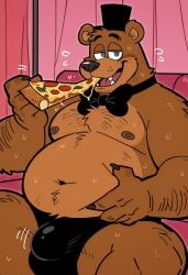 ai_generated bara bear chubby eating eating_pizza five_nights_at_freddy's fluffy fnaf freddy_(fnaf) freddy_fazbear furry gay pizza thong yaoi