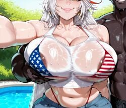 aegir_(azur_lane) ai_generated american_flag_bikini ass ass_focus ass_grab azur_lane big_ass big_breasts blush boob_grab boobs_focus breast_focus curvy curvy_figure dark-skinned_male grabbing_breasts hips horns hotpants naked pool poolside selfie small_waist taking_picture wide_hips