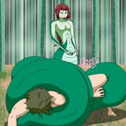 1boy 1girls aggressive aggressive_female assertive assertive_female bamboo bamboo_forest dominant dominant_female domination femdom green_body green_hair green_skin lamia monster_girl naga original_character original_characters playing_with_pussy projectsubby red_hair restrained reverse_rape snake snake_girl snake_tail viper wrapped_up