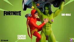 1boy1girl 3d ai_generated angry angry_expression angry_face belly_button black_hair car chapulin_colorado chespirito epic_games female fortnite fortnite:_battle_royale fully_nude grabbing_boobs grabbing_breasts green_background green_body green_hair grok grok_imagine heroine lawyer lifting_car long_hair marvel mexican mexican_male multicolored_clothes multicolored_suit muscular_female naked naked_female navel nude nude_female pasties pectorals purple_pasties red_suit she-hulk she-hulk_(fortnite) she_hulk short_stature star_pasties strong_female superhero taller_female tv_show video_game video_game_franchise video_games yallahs80 yallahs80_(fortnite) yellow_suit yellow_underwear