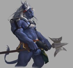 1boy 2015 abs anthro balls biceps big_muscles black_penis blue_fur bottomless braided_hair chest_tuft claws clenched_teeth clothed clothing darkgem digitigrade ear_piercing final_fantasy final_fantasy_x flaccid fur hair half-dressed half-erect humanoid_penis kimahri loincloth male male_only mammal melee_weapon muscles nipples partially_retracted_foreskin pecs penis piercing polearm quads ronso simple_background solo straps teeth toned topless trident tuft uncut vein veiny_penis video_games weapon white_hair