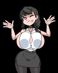 1girls against_glass animated black_hair bouncing_breasts breasts cleavage clothing curvy detached_head dullahan female female_only gif highres large_breasts long_hair looking_at_viewer minus8 original original_character pressing_against_glass pressing_breasts red_eyes shiny shiny_skin solo standing thick_thighs thighhighs thighs transparent_background white_pupils