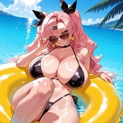 1girls adjusting_eyewear ai_generated balecxi bangs bare_arms bare_shoulders beach bikini black_bikini black_choker black_ribbon black_swimsuit blue_sky blush breasts choker clavicle cleavage clothing cloud collarbone covered_nipples curvaceous curvaceous_female curvaceous_figure curvy curvy_figure day earrings female female_focus fingernails green_eyes grin hair_ornament hair_ribbon hairclip heart-shaped_eyewear heart_earrings highleg highleg_bikini huge_breasts innertube inviting inviting_to_sex jewelry large_breasts lips long_hair looking_at_viewer looking_over_eyewear lying mole mole_on_breast mole_on_thigh mole_under_eye nail_polish navel nicole_demara ocean outdoors palm_tree pink_hair pink_nails presenting presenting_ass presenting_breasts presenting_hindquarters presenting_self ribbon seductive seductive_look seductive_smile shiny_skin side-tie_bikini_bottom sideboob sky smile solo stomach string_bikini sun sunglasses swim_ring swimsuit thick_thighs thighs tree two_side_up very_long_hair voluptuous voluptuous_female water wet wet_clothes wet_swimsuit yellow_eyes zenless_zone_zero