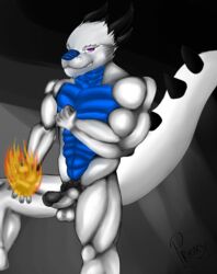 2015 anthro balls biceps big_muscles blue_scales blue_skin draco dragon erection fire flexing fur glans grin hair horn humanoid_penis knot looking_at_viewer male mammal muscles original original_character penis pose proxythehusky purple_eyes solo white_dragon white_scales white_skin yaoi