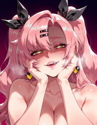 1girls ai_generated balecxi bangs bare_shoulders black_ribbon blush breasts breath clavicle cleavage collarbone completely_nude curvaceous curvaceous_female curvaceous_figure curvy curvy_figure earrings fangs female female_focus gradient_background green_eyes hair_ornament hair_ribbon hairclip hands_on_own_cheeks hands_on_own_face heart-shaped_pupils heart_earrings heart_in_eye heavy_breathing jewelry large_breasts lips long_hair looking_at_viewer mole mole_on_breast mole_under_eye nicole_demara nude open_mouth pink_hair pink_lips ribbon shaded_face smile solo symbol-shaped_pupils teeth twintails two_side_up upper_body voluptuous voluptuous_female yandere zenless_zone_zero