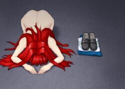 1girls all_fours aozaki_aoko ass ass_up big_butt bowing bowing_before_viewer bowing_down completely_nude dogeza face_down_ass_up female_focus hands_on_floor hands_on_ground head_down huge_ass long_hair melty_blood naked nude on_floor red_hair surrendering tsukihime