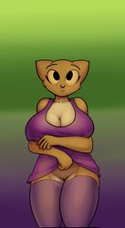 anthro big_breasts bottomless breasts clothed clothing feline feline female half-dressed katia_managan looking_at_viewer mammal prequel pussy smile solo the_elder_scrolls thingshappen video_games webcomic