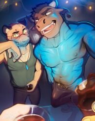 absurdres anthro armpit_hair armpit_hair_peek bara belt biceps bodypaint broad_shoulders brown_eyes brown_hair bulge cheetah_boy colored_sclera commentary cow_boy drink drooling ear_tag english_commentary furry furry_male green_eyes green_sclera green_tank_top hair_in_another's_mouth highres implied_after_fellatio jewelry large_bulge large_pectorals looking_at_another looking_to_the_side male_focus muscular muscular_male nipple_hair nipples original patreon_username pectorals pendant penis penis_peek pubic_hair saliva signature stain stray_pubic_hair string_lights sweat tank_top thick_arms thick_eyebrows tongue tongue_out wide-eyed wiping_mouth zcik