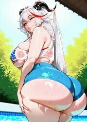 aegir_(azur_lane) ai_generated american_flag_bikini ass ass_focus ass_grab azur_lane big_ass big_breasts blush curvy curvy_figure hands_on_ass hips horns hotpants naked pool poolside small_waist wide_hips