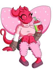 2022 adelmar15 antennae_(anatomy) anthro anthro_only casual_clothes clothed_female clothing cute demon demon_girl deviantart digital_media_(artwork) drink eyelashes female female_focus female_only footwear friday_night_funkin friday_night_funkin_mod holding_drink holding_object holding_slushie horns infernal_paradise_university_(retrospecter) leg_warmers maku_(retrospecter) moth moth_girl pink_body retrospecter_mod shoes shorts simple_background sitting slushie solo solo_female sparkles sparkling_wings striped_clothing striped_sweater sweater tail white_background wings